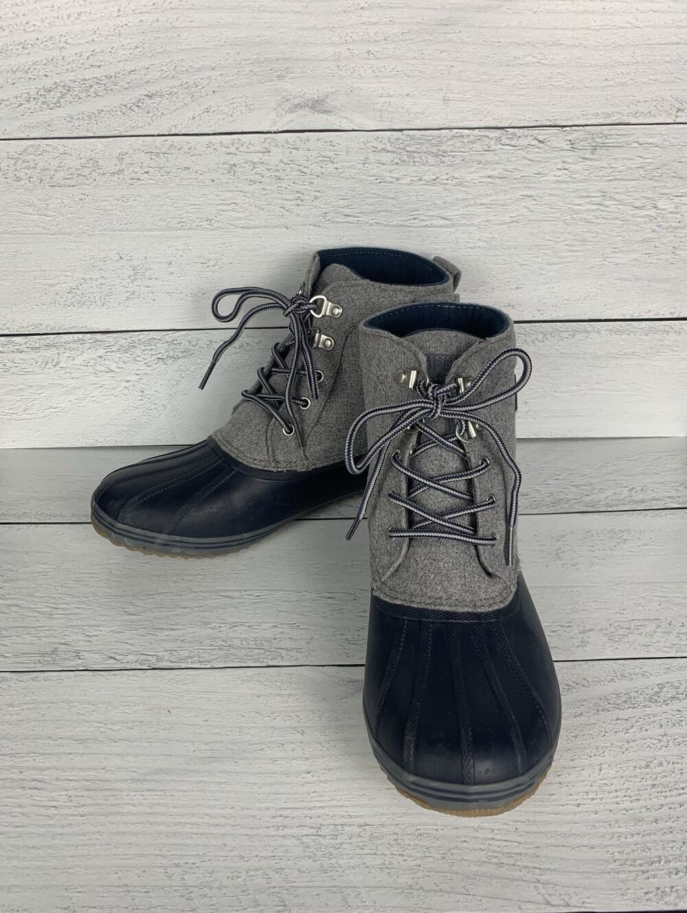 Sperry Women’s Size 6 M Gray Navy Blue Duck Rain Waterproof Wool Tie Up Boots